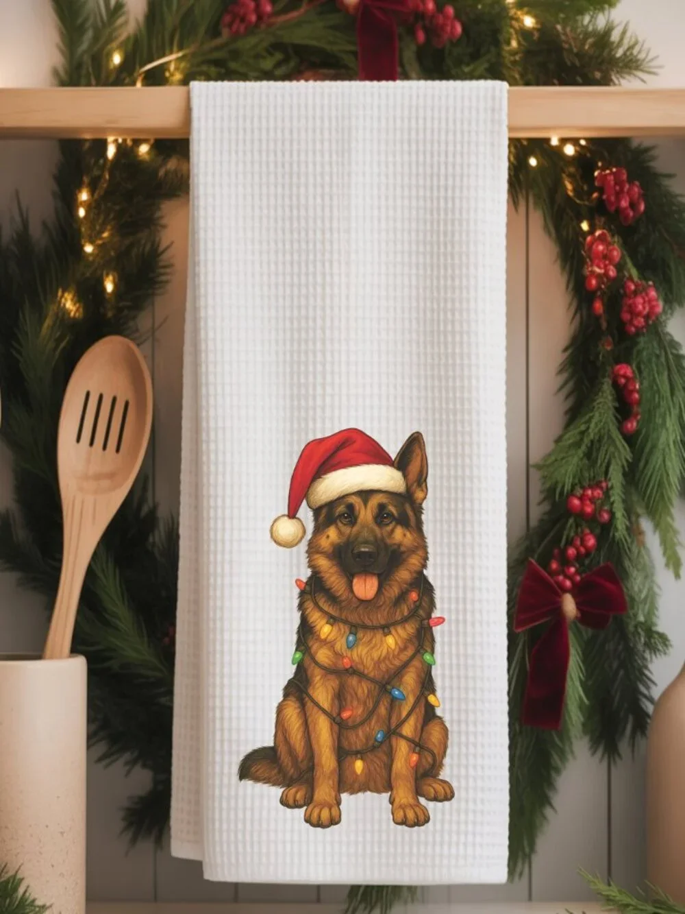 German Shepherd Christmas Lights Decorative Kitchen Tea Towel